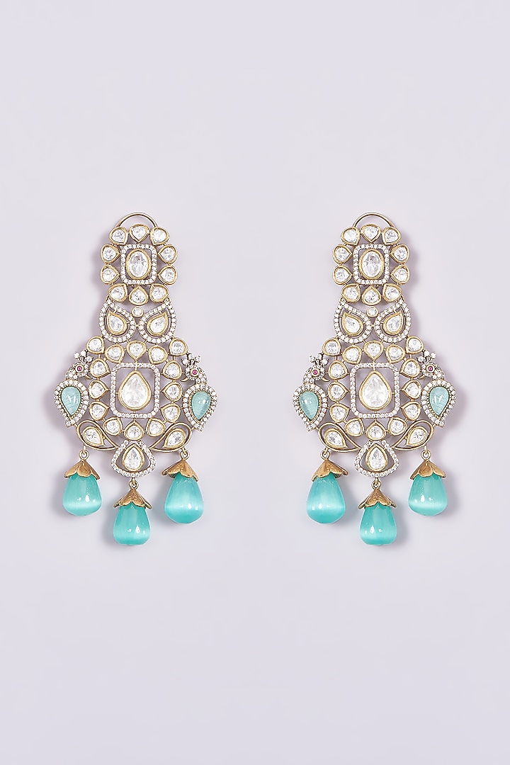 Black Rhodium Finish Kundan Polki & Mint Pearl Drop Dangler Earrings by Zevar By Geeta at Pernia's Pop Up Shop