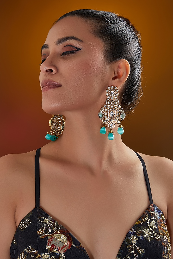 Black Rhodium Finish Kundan Polki & Mint Pearl Drop Dangler Earrings by Zevar By Geeta at Pernia's Pop Up Shop