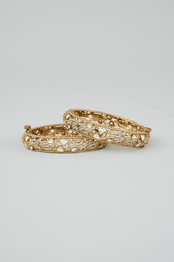 Antique Gold Finish Moissanite Kadas (Set Of 2) by Zevar By Geeta at Pernia's Pop Up Shop
