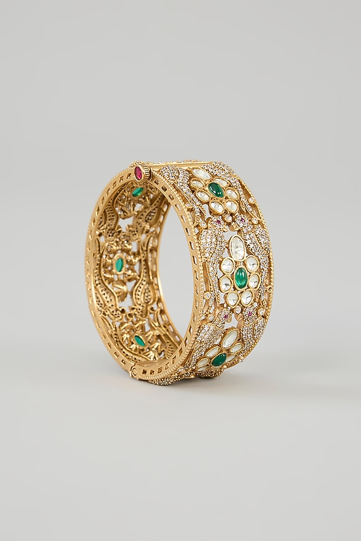 Antique Gold Finish Moissanite & Green Stone Kadas (Set Of 2) by Zevar By Geeta at Pernia's Pop Up Shop