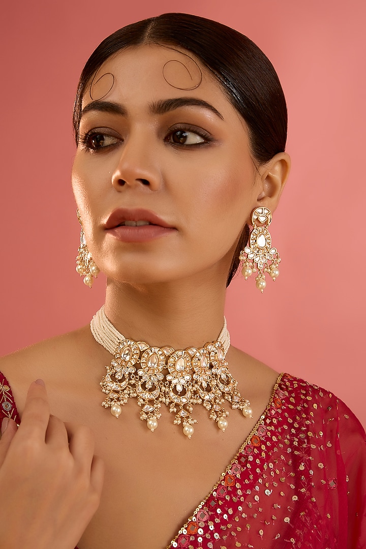 Gold Plated Kundan Polki & Pearl Choker Necklace Set by Zevar By Geeta at Pernia's Pop Up Shop