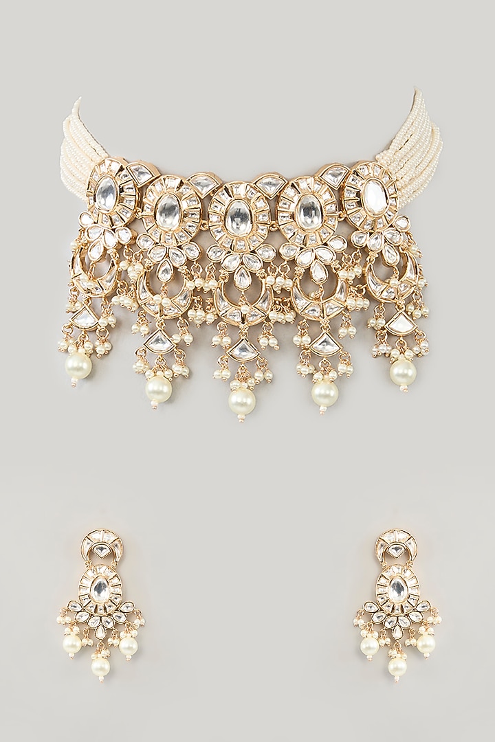 Gold Plated Kundan Polki & Pearl Choker Necklace Set by Zevar By Geeta at Pernia's Pop Up Shop