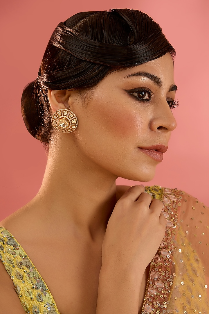 Gold Finish Moissanite Stud Earrings by Zevar By Geeta at Pernia's Pop Up Shop