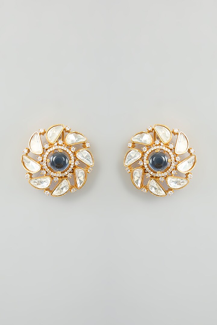 Gold Finish Moissanite & Blue Stone Stud Earrings by Zevar By Geeta at Pernia's Pop Up Shop