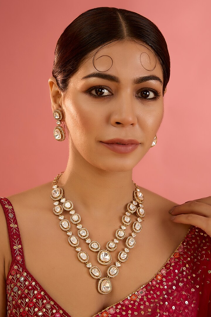 Gold Finish Moissanite Layered Long Necklace Set by Zevar By Geeta at Pernia's Pop Up Shop