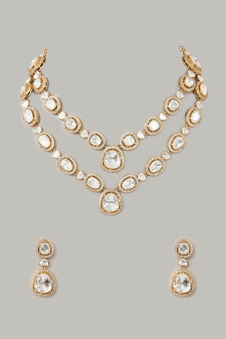 Gold Finish Moissanite Layered Long Necklace Set by Zevar By Geeta at Pernia's Pop Up Shop