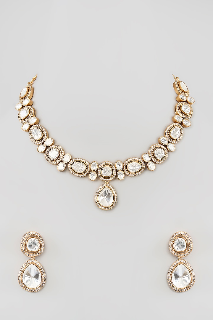 Gold Finish Moissanite Choker Necklace Set by Zevar By Geeta at Pernia's Pop Up Shop