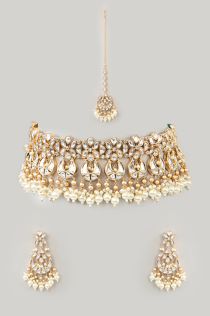 Gold Finish Kundan Polki Necklace Set by Zevar By Geeta at Pernia's Pop Up Shop