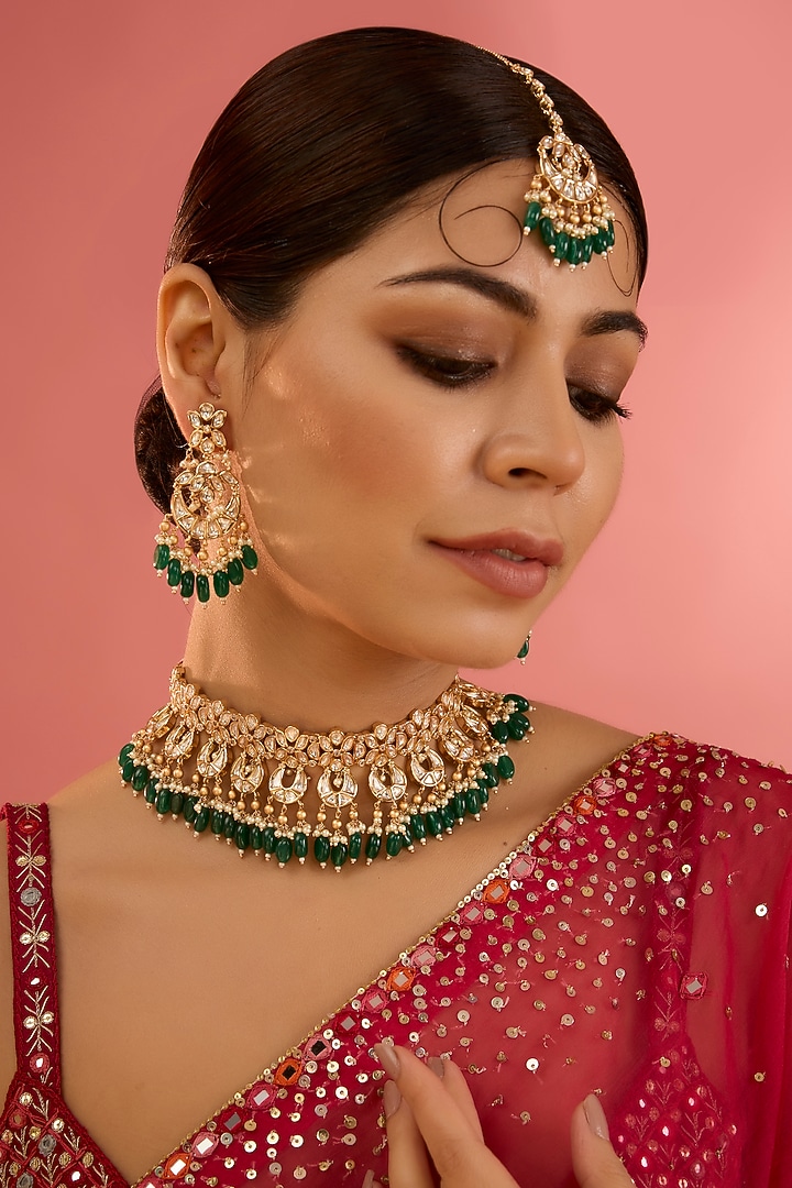Gold Finish Kundan Polki & Green Pearl Drop Necklace Set by Zevar By Geeta at Pernia's Pop Up Shop
