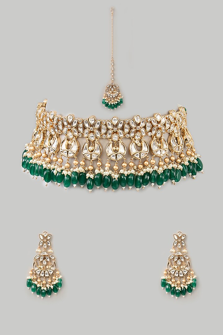 Gold Finish Kundan Polki & Green Pearl Drop Necklace Set by Zevar By Geeta at Pernia's Pop Up Shop