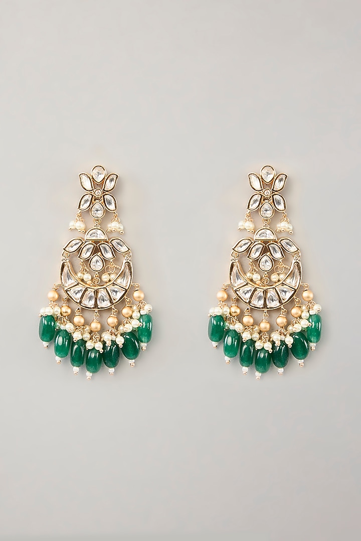 Gold Finish Kundan Polki & Green Pearl Drop Necklace Set by Zevar By Geeta at Pernia's Pop Up Shop