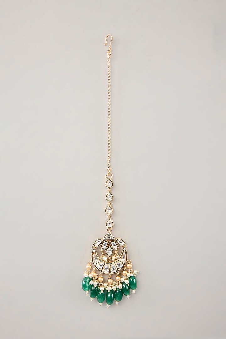 Gold Finish Kundan Polki & Green Pearl Drop Necklace Set by Zevar By Geeta at Pernia's Pop Up Shop