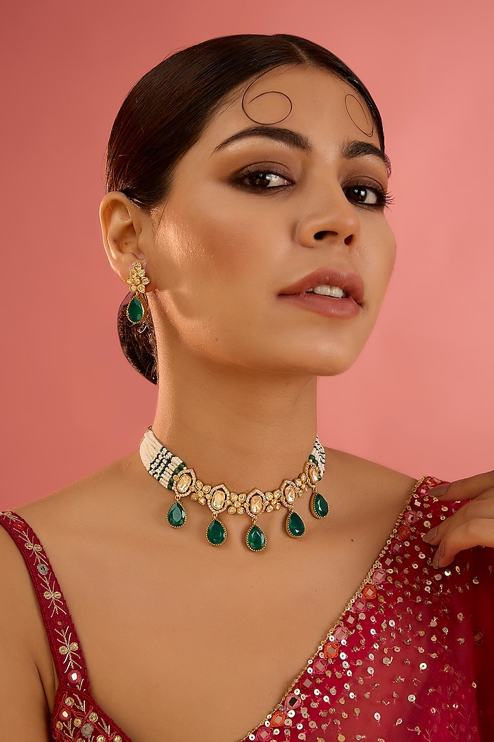 Gold Finish Moissanite & Green Stone Choker Necklace Set by Zevar By Geeta at Pernia's Pop Up Shop