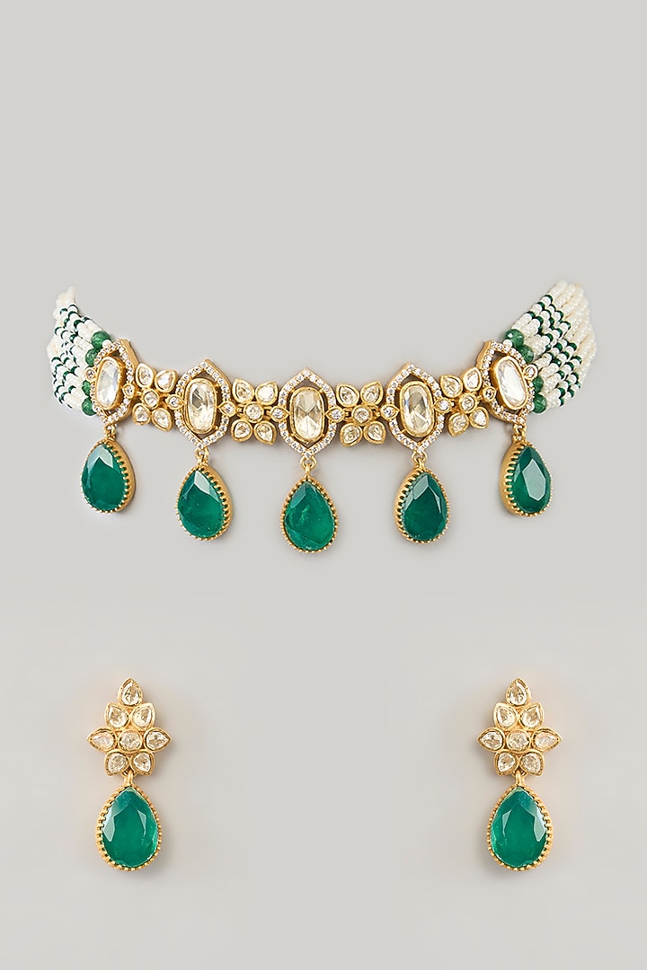 Gold Finish Moissanite & Green Stone Choker Necklace Set by Zevar By Geeta at Pernia's Pop Up Shop