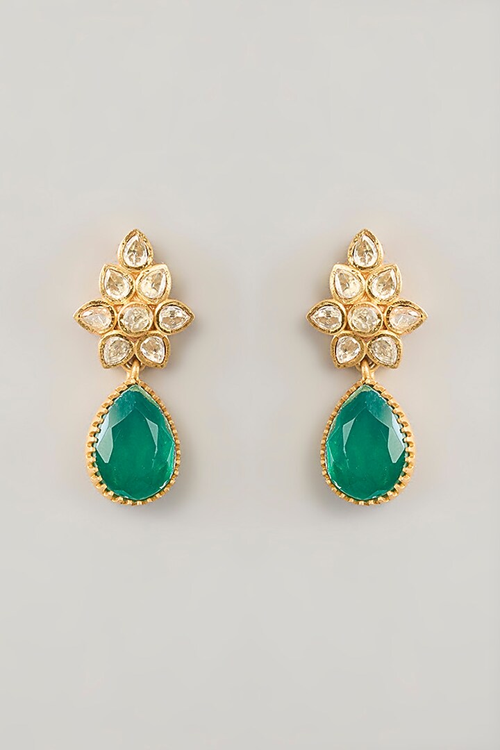 Gold Finish Moissanite & Green Stone Choker Necklace Set by Zevar By Geeta at Pernia's Pop Up Shop