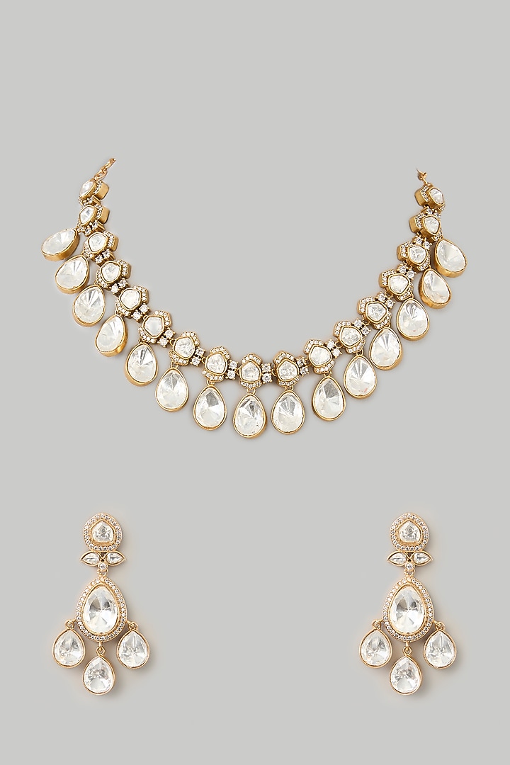 Gold Finish Moissanite Necklace Set by Zevar By Geeta at Pernia's Pop Up Shop