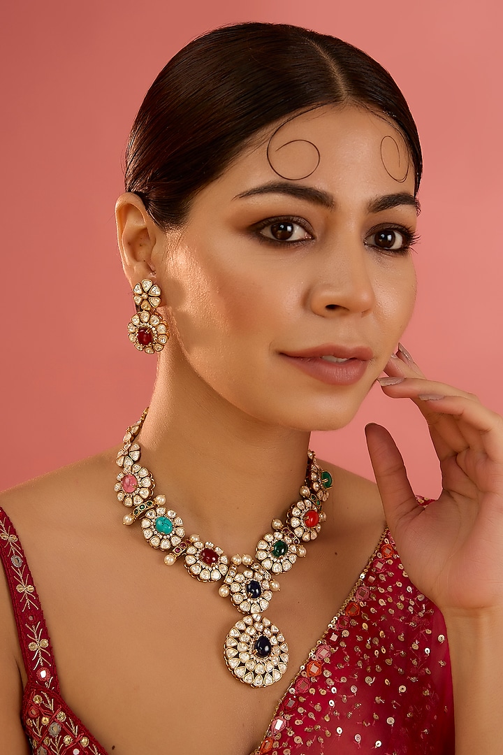 Gold Finish Moissanite & Navratna Stone Long Necklace Set by Zevar By Geeta at Pernia's Pop Up Shop