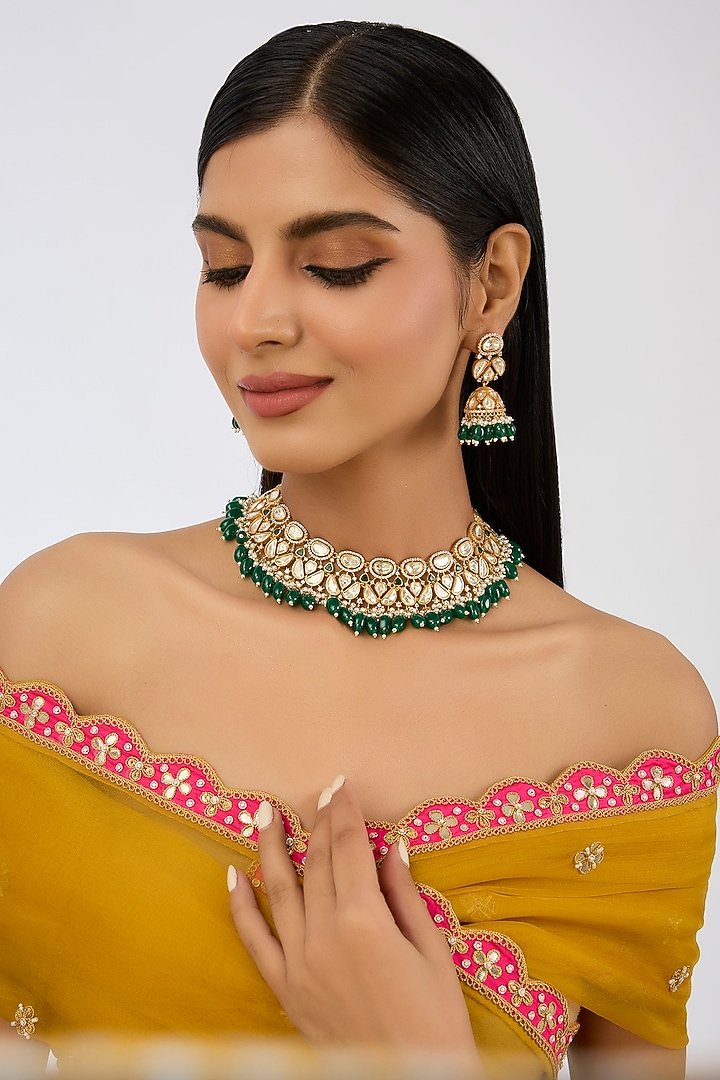 Gold Finish Moissanite & Pearl Necklace Set by Zevar By Geeta at Pernia's Pop Up Shop