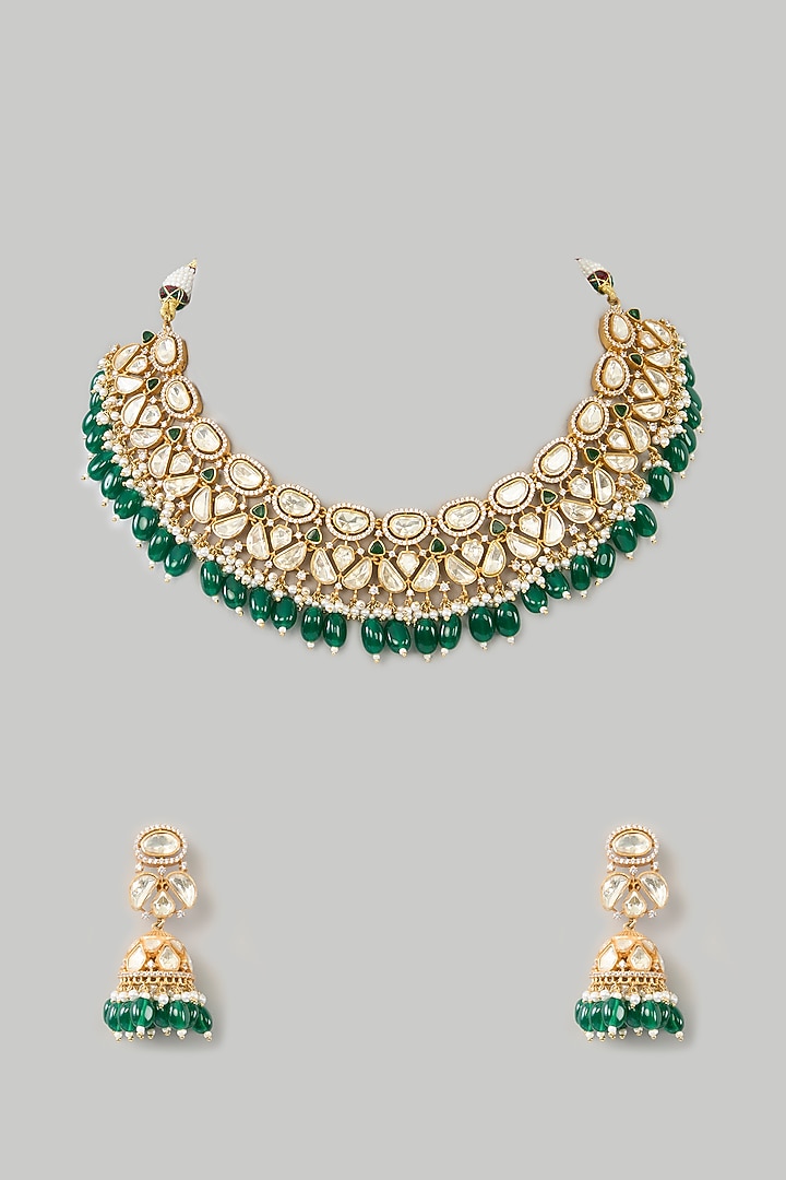 Gold Finish Moissanite & Pearl Necklace Set by Zevar By Geeta at Pernia's Pop Up Shop