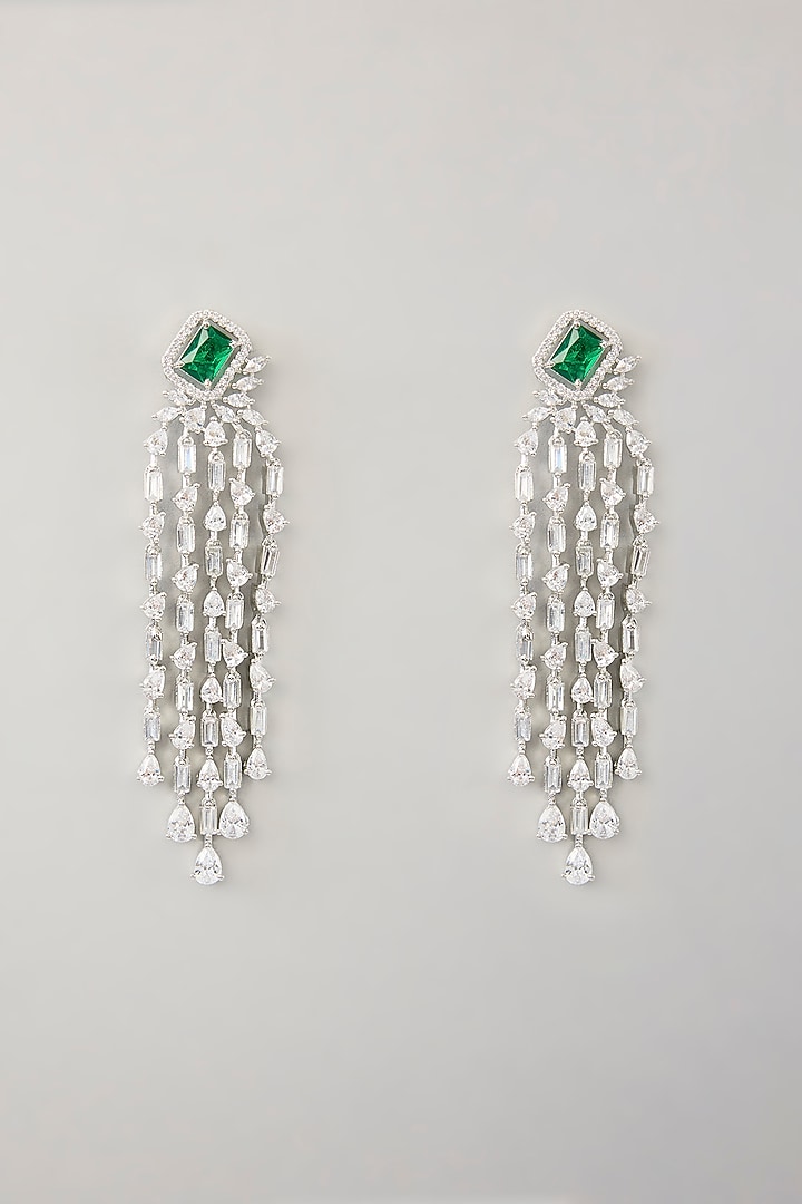 White Finish Diamond & Green Stone Dangler Earrings by Zevar By Geeta at Pernia's Pop Up Shop