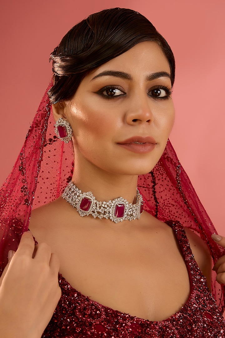 White Finish Diamond & Ruby Stone Choker Necklace Set by Zevar By Geeta at Pernia's Pop Up Shop