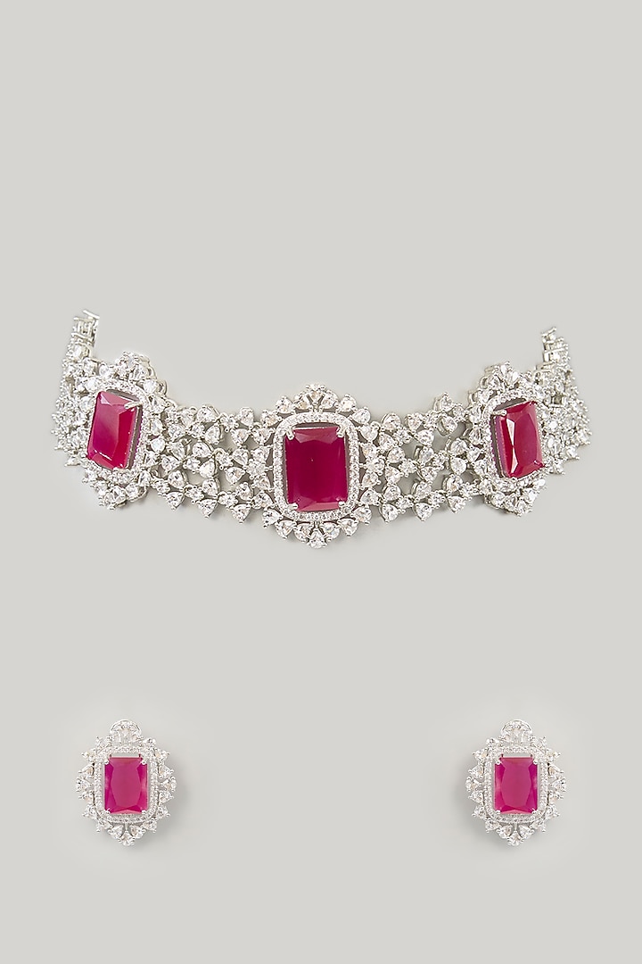 White Finish Diamond & Ruby Stone Choker Necklace Set by Zevar By Geeta at Pernia's Pop Up Shop