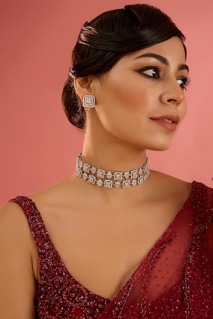White Finish Diamond Choker Necklace Set by Zevar By Geeta at Pernia's Pop Up Shop