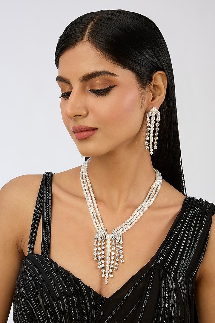 White Finish Diamond & Pearl Long Necklace Set by Zevar By Geeta at Pernia's Pop Up Shop