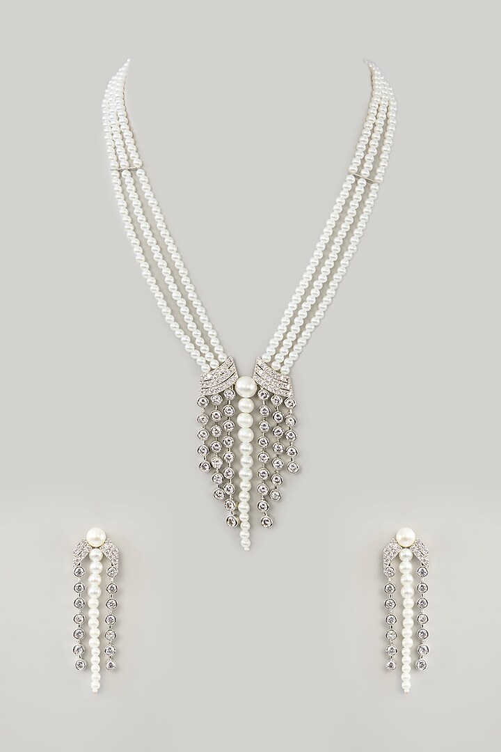 White Finish Diamond & Pearl Long Necklace Set by Zevar By Geeta at Pernia's Pop Up Shop