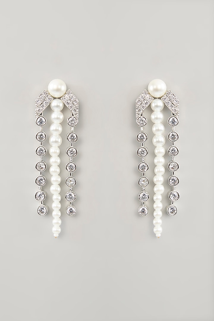 White Finish Diamond & Pearl Long Necklace Set by Zevar By Geeta at Pernia's Pop Up Shop