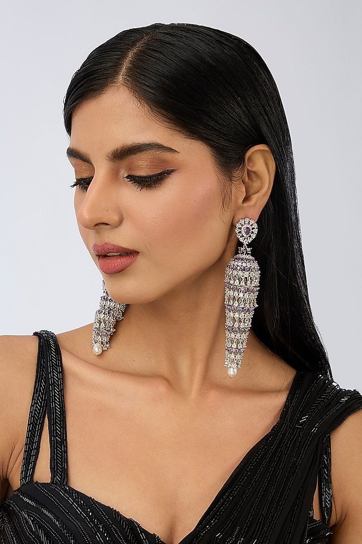 White Finish Diamond & Purple Stone Dangler Earrings by Zevar By Geeta at Pernia's Pop Up Shop