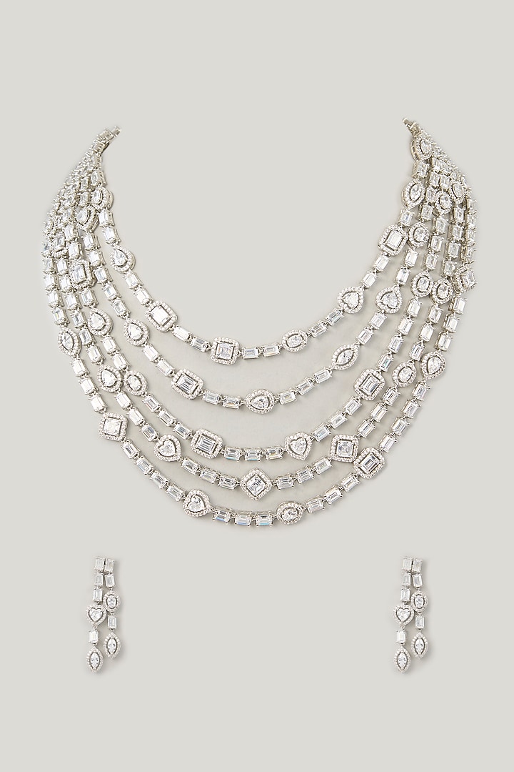 White Finish Diamond Long Layered Necklace Set by Zevar By Geeta at Pernia's Pop Up Shop