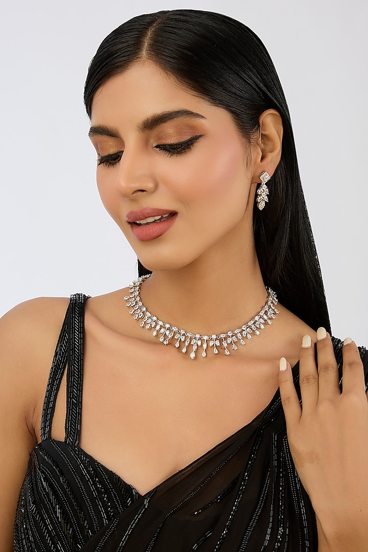 White Finish Diamond Necklace Set by Zevar By Geeta at Pernia's Pop Up Shop