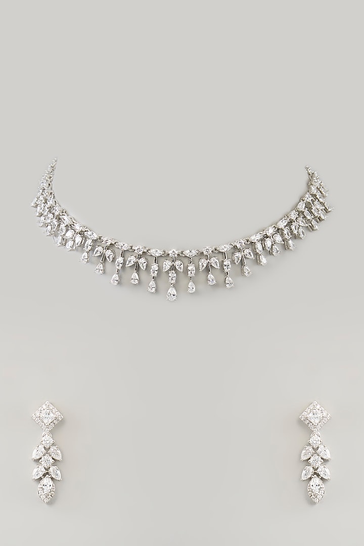 White Finish Diamond Necklace Set by Zevar By Geeta at Pernia's Pop Up Shop