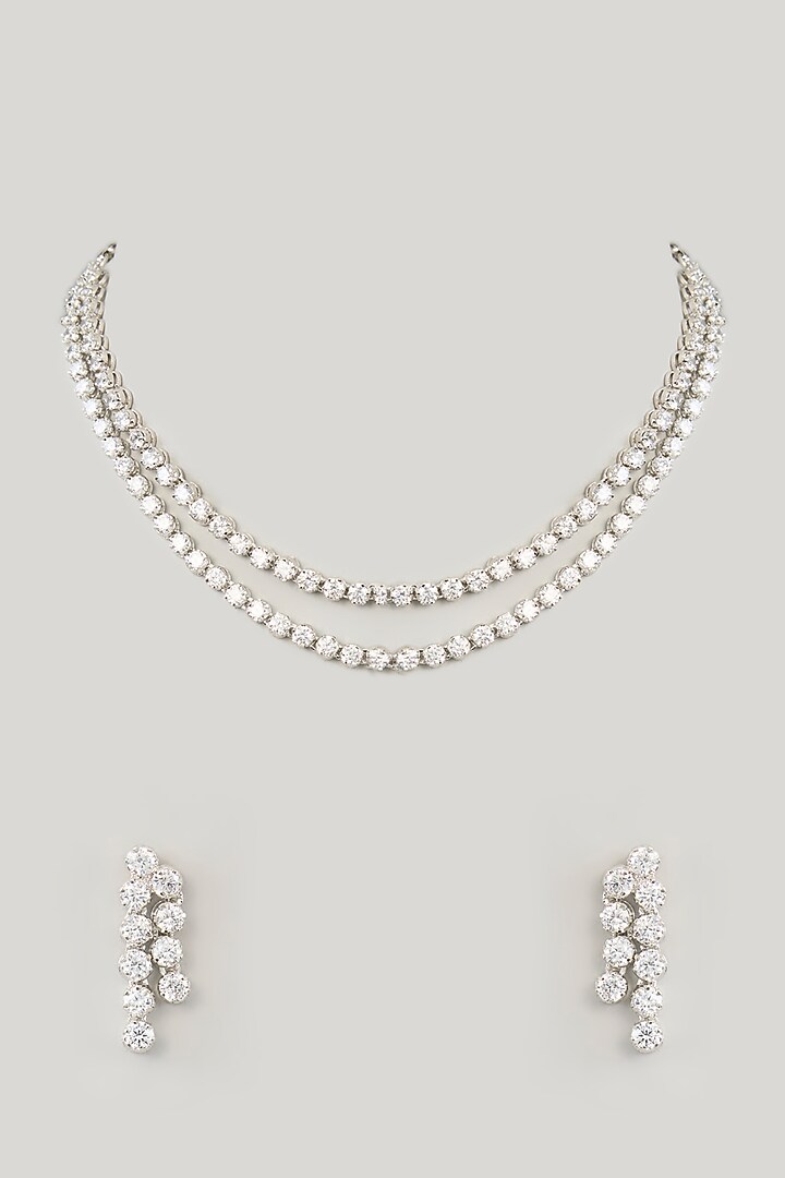 White Finish Diamond Layered Necklace Set by Zevar By Geeta at Pernia's Pop Up Shop
