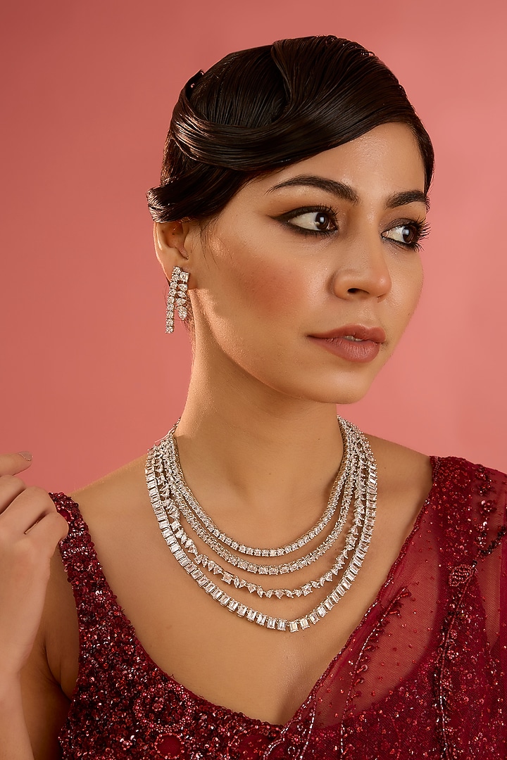 White Finish Diamond Long Layered Necklace Set by Zevar By Geeta at Pernia's Pop Up Shop