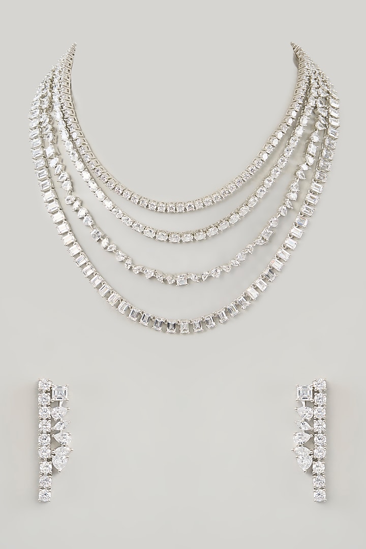 White Finish Diamond Long Layered Necklace Set by Zevar By Geeta at Pernia's Pop Up Shop