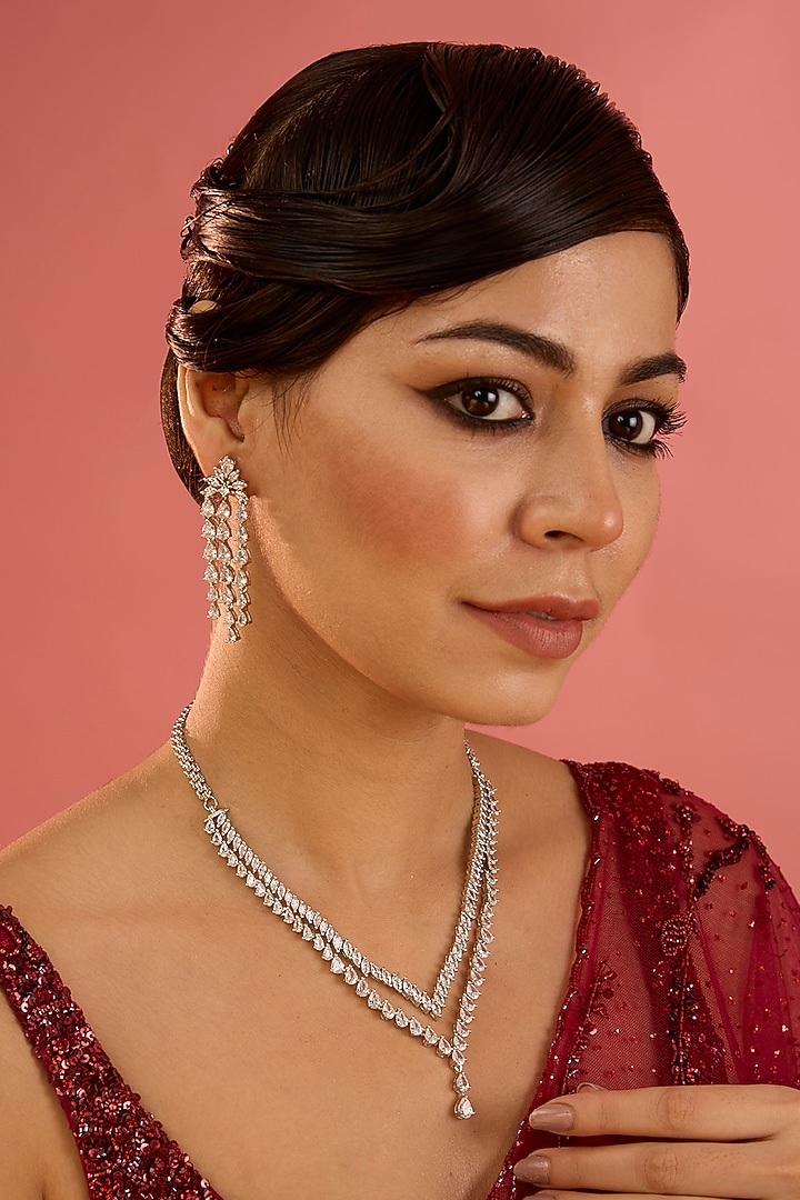 White Finish Diamond Layered Necklace Set by Zevar By Geeta at Pernia's Pop Up Shop