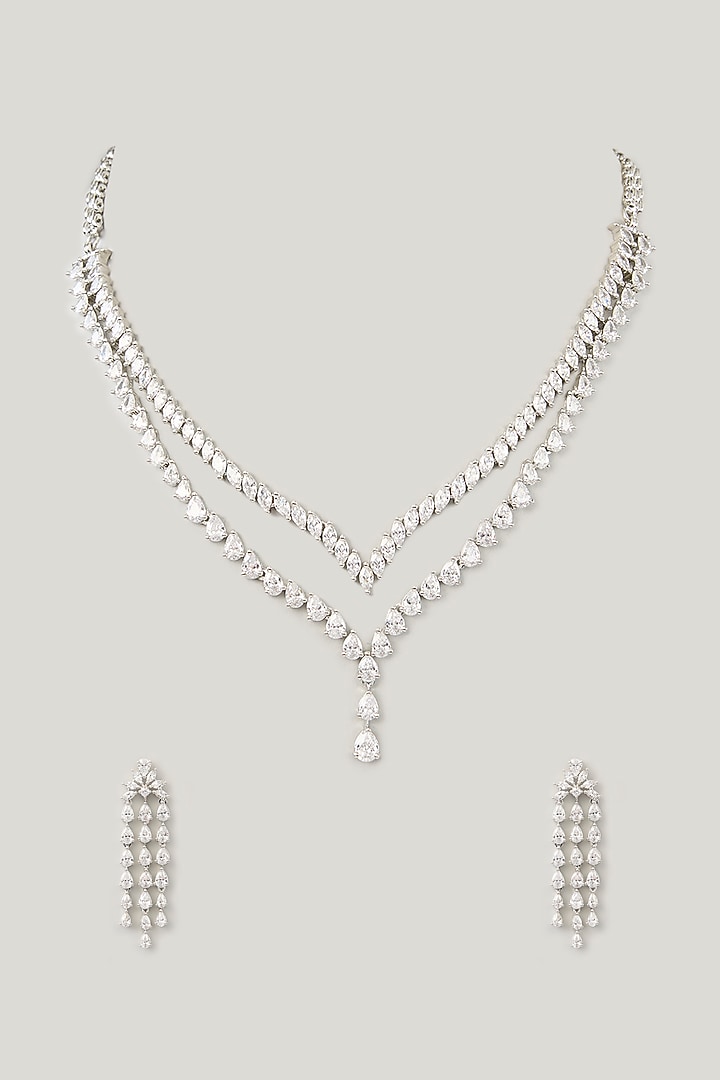 White Finish Diamond Layered Necklace Set by Zevar By Geeta at Pernia's Pop Up Shop
