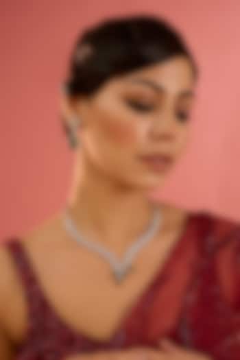 White Finish Diamond & Emerald Stone Necklace Set by Zevar By Geeta at Pernia's Pop Up Shop