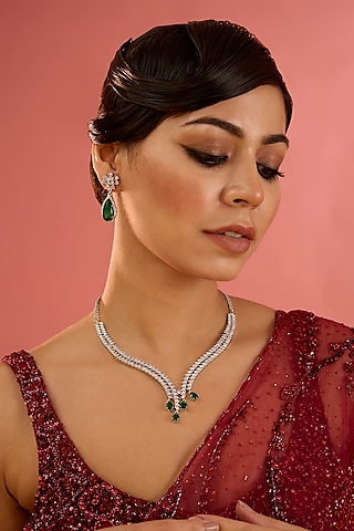 White Finish Diamond & Emerald Stone Necklace Set by Zevar By Geeta