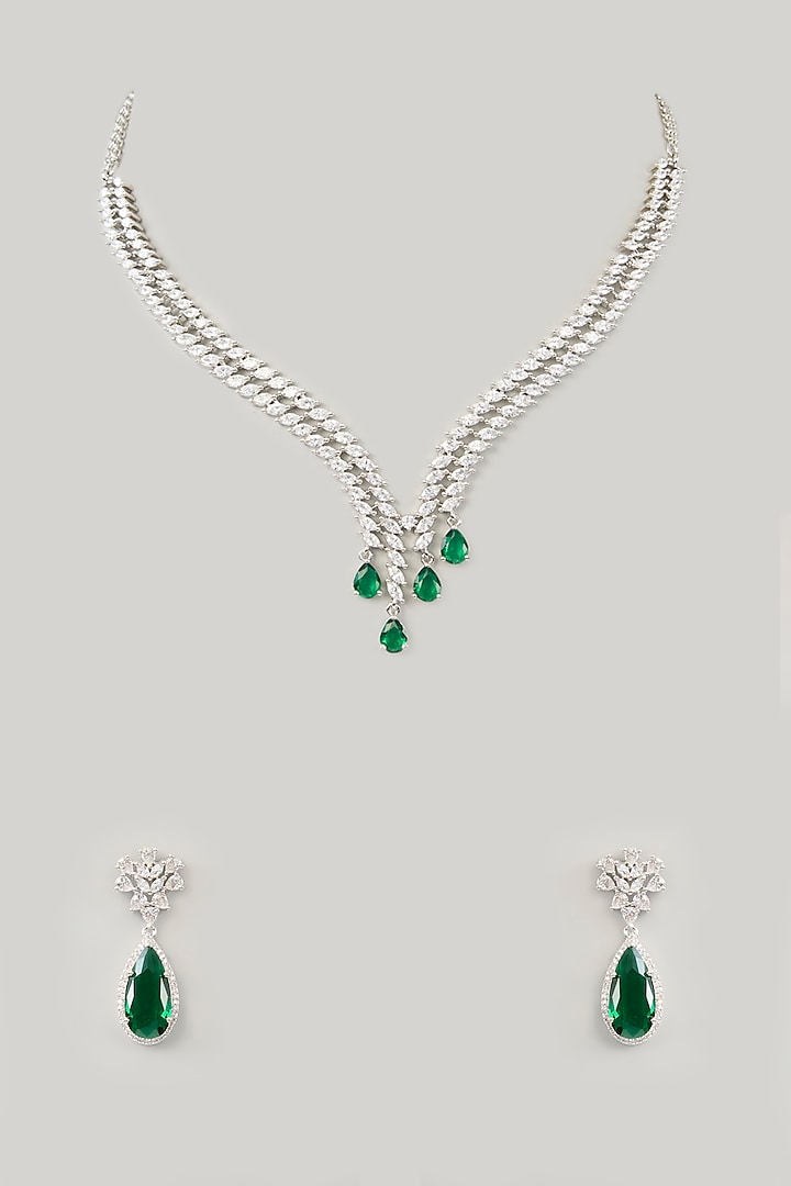 White Finish Diamond & Emerald Stone Necklace Set by Zevar By Geeta at Pernia's Pop Up Shop