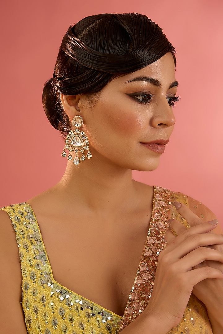 Gold Finish Moissanite Dangler Earrings by Zevar By Geeta at Pernia's Pop Up Shop