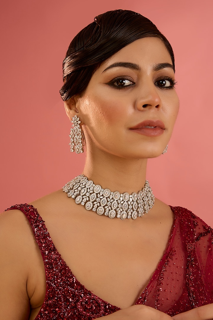 White Finish Diamond Choker Necklace Set by Zevar By Geeta at Pernia's Pop Up Shop