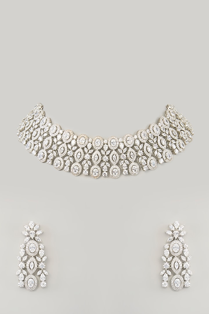 White Finish Diamond Choker Necklace Set by Zevar By Geeta at Pernia's Pop Up Shop