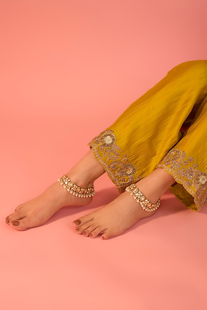 Gold Finish Kundan Polki & Pearl Drop Anklets by Zevar By Geeta