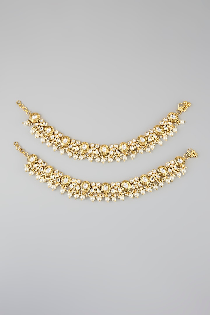 Gold Finish Kundan Polki & Pearl Drop Anklets by Zevar By Geeta at Pernia's Pop Up Shop
