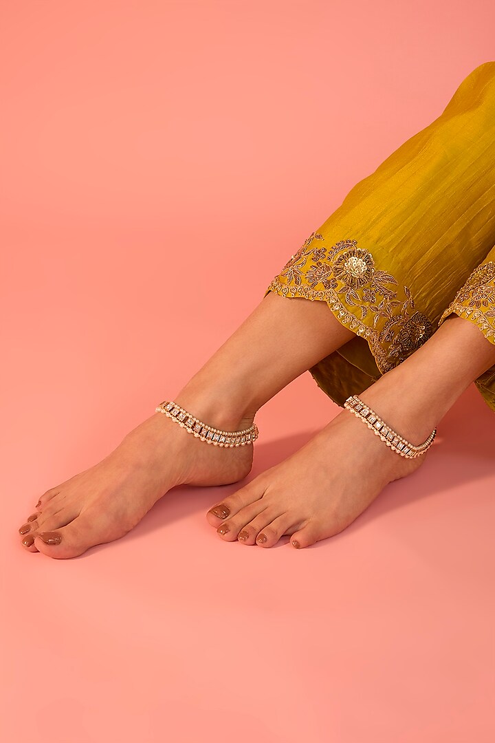 Gold Finish Kundan Polki Drop Anklets by Zevar By Geeta at Pernia's Pop Up Shop