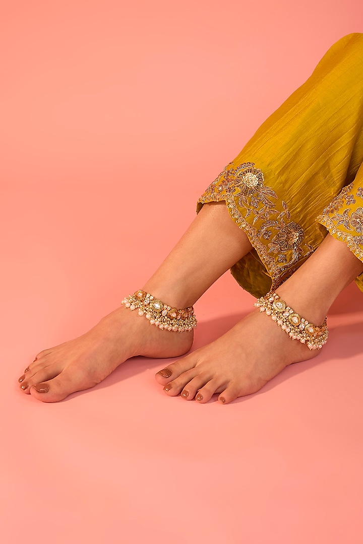 Gold Finish Kundan Polki & Pearl Drop Anklets by Zevar By Geeta