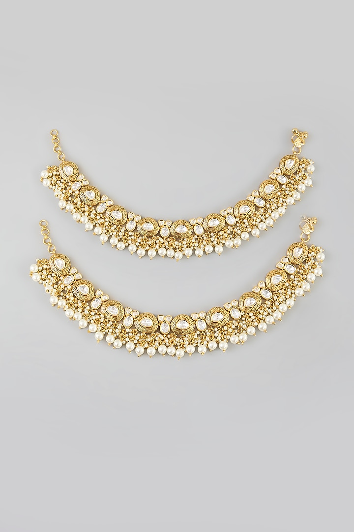 Gold Finish Kundan Polki & Pearl Drop Anklets by Zevar By Geeta at Pernia's Pop Up Shop